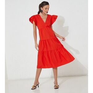 Vero Moda Red Tiered Midi Dress Flutter Sleeve Cotton VMJARLOTTE Small